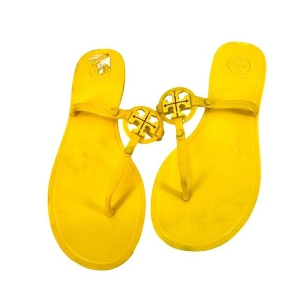 Tory Burch Mini‎ Miller Jelly Thong Sandals Yellow Logo Flat Flip Flops Womens 7
